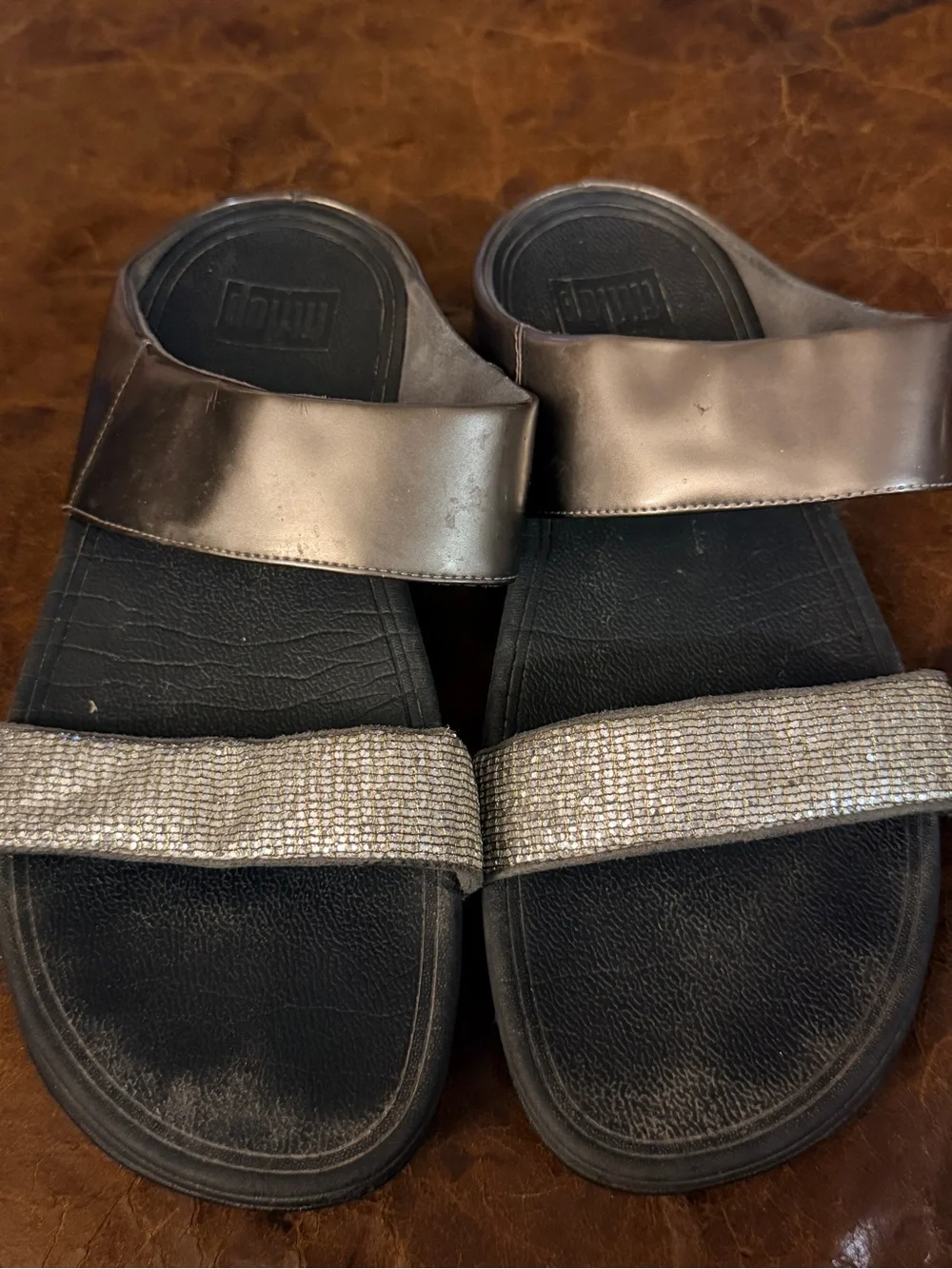 FitFlop Lulu Superglitz Metallic Double Strap Slide Sandals - Size 10 / 41